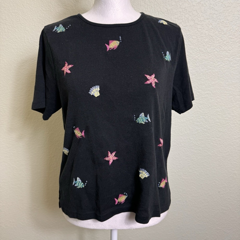 Vintage Reference Point Petites Women's Short Sleeve Sweater‎ Sz S Fish Shells